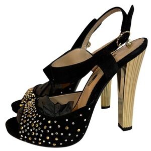 Marino Fabiani Black Suede Studded Platform Slingback Heels Gold Fluted Heel 37